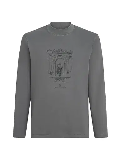 Brunello Cucinelli Men's Cotton Interlock Long Sleeve T-Shirt with Mock Neck and Print - Medium Grey | Thumbnail 1 Brunello Cucinelli Men's Cotton Interlock Long Sleeve T-Shirt with Mock Neck and Print - Medium Grey | Thumbnail 1