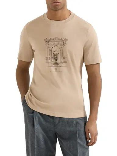 Brunello Cucinelli Men's Cotton Interlock Crewneck T-Shirt with Print | Thumbnail 2 Brunello Cucinelli Men's Cotton Interlock Crewneck T-Shirt with Print | Thumbnail 2