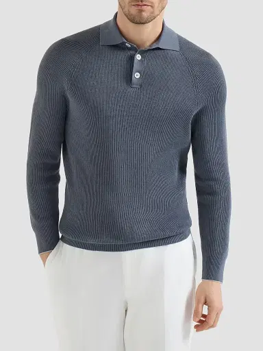 Brunello Cucinelli Men's Cotton English Rib Knit Polo Shirt | Thumbnail 2 Brunello Cucinelli Men's Cotton English Rib Knit Polo Shirt | Thumbnail 2