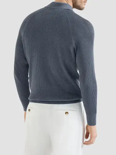 Brunello Cucinelli Men's Cotton English Rib Knit Polo Shirt | Thumbnail 3 Brunello Cucinelli Men's Cotton English Rib Knit Polo Shirt | Thumbnail 3