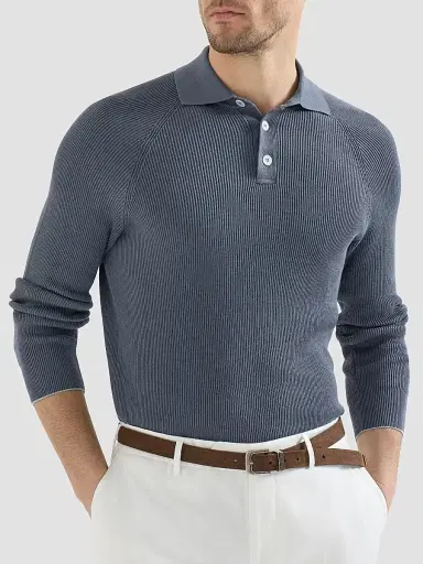 Brunello Cucinelli Men's Cotton English Rib Knit Polo Shirt | Thumbnail 5 Brunello Cucinelli Men's Cotton English Rib Knit Polo Shirt | Thumbnail 5