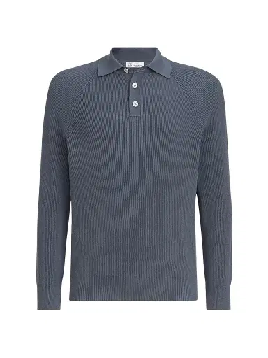 Brunello Cucinelli Men's Cotton English Rib Knit Polo Shirt | Thumbnail 1 Brunello Cucinelli Men's Cotton English Rib Knit Polo Shirt | Thumbnail 1