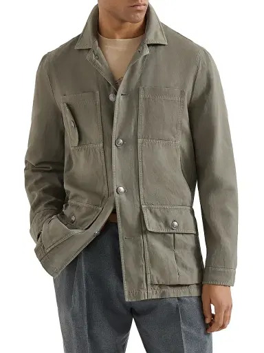 Brunello Cucinelli Men's Cotton and Linen Canvas Outerwear Jacket - Military | Thumbnail 2 Brunello Cucinelli Men's Cotton and Linen Canvas Outerwear Jacket - Military | Thumbnail 2