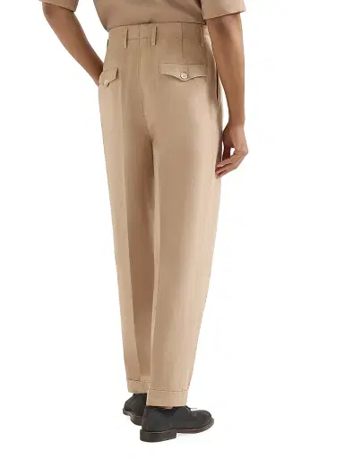 Brunello Cucinelli Men's Garment Dyed Trousers in Cotton and Linen Canvas with Double Pleats - Tobacco | Thumbnail 4 Brunello Cucinelli Men's Garment Dyed Trousers in Cotton and Linen Canvas with Double Pleats - Tobacco | Thumbnail 4