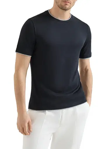 Brunello Cucinelli Men's Silk and Cotton Lightweight Jersey Crew-Neck T Shirt - Cobalt | Thumbnail 2 Brunello Cucinelli Men's Silk and Cotton Lightweight Jersey Crew-Neck T Shirt - Cobalt | Thumbnail 2