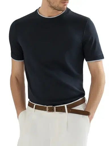 Brunello Cucinelli Men's Silk and Cotton Lightweight Jersey Crew-Neck T Shirt - Cobalt | Thumbnail 4 Brunello Cucinelli Men's Silk and Cotton Lightweight Jersey Crew-Neck T Shirt - Cobalt | Thumbnail 4