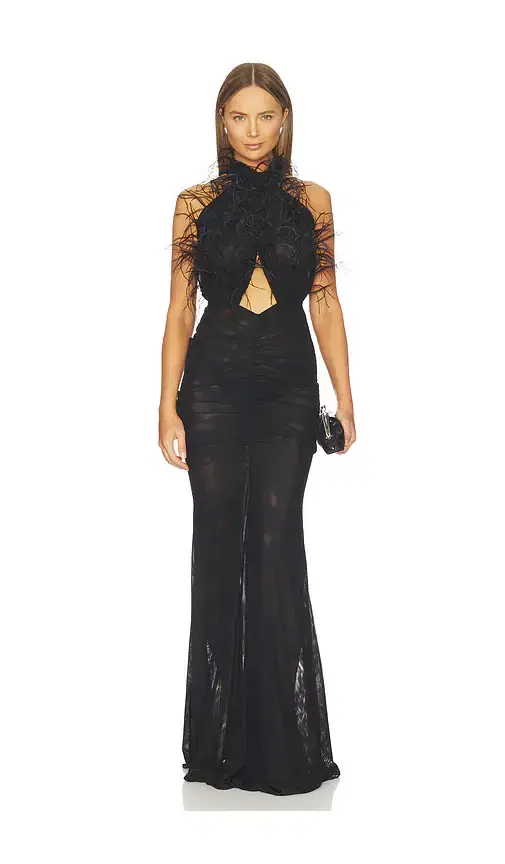Feather Embroidery Sleeveless Halter Ruched Gown Feather Embroidery Sleeveless Halter Ruched Gown