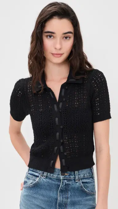 L'AGENCE Ninette Pointelle Cardigan Black/Black | Thumbnail 2 L'AGENCE Ninette Pointelle Cardigan Black/Black | Thumbnail 2
