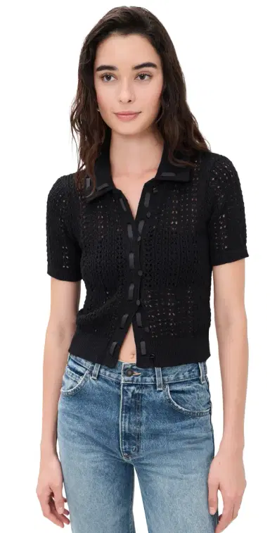 L'AGENCE Ninette Pointelle Cardigan Black/Black | Thumbnail 1 L'AGENCE Ninette Pointelle Cardigan Black/Black | Thumbnail 1