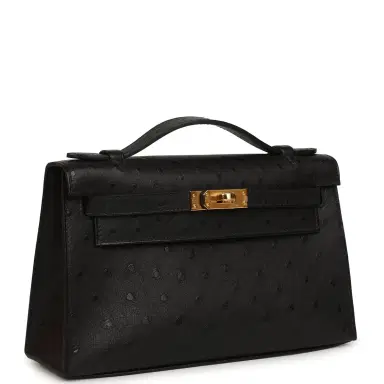 HERMÈS Hermes Kelly Pochette Black Ostrich Gold Hardware | Thumbnail 2 HERMÈS Hermes Kelly Pochette Black Ostrich Gold Hardware | Thumbnail 2