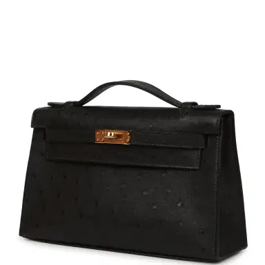HERMÈS Hermes Kelly Pochette Black Ostrich Gold Hardware | Thumbnail 5 HERMÈS Hermes Kelly Pochette Black Ostrich Gold Hardware | Thumbnail 5