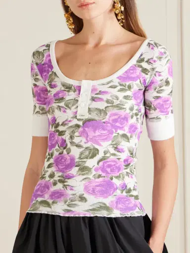 Chloé Floral-print Ribbed Stretch-cotton Jersey T-shirt | Thumbnail 3 Chloé Floral-print Ribbed Stretch-cotton Jersey T-shirt | Thumbnail 3