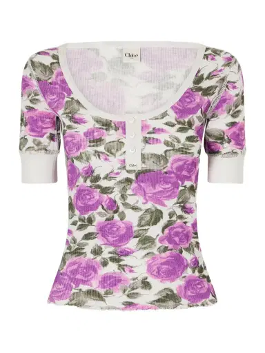 Chloé Floral-print Ribbed Stretch-cotton Jersey T-shirt | Thumbnail 1 Chloé Floral-print Ribbed Stretch-cotton Jersey T-shirt | Thumbnail 1