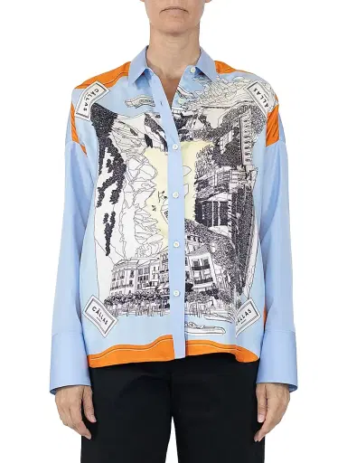 Callas Milano Women's Sirene Silk Scarf Front Shirt - Pale Blue Orange | Thumbnail 2 Callas Milano Women's Sirene Silk Scarf Front Shirt - Pale Blue Orange | Thumbnail 2