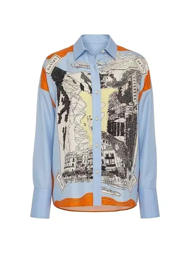Callas Milano Women's Sirene Silk Scarf Front Shirt - Pale Blue Orange | Thumbnail 1 Callas Milano Women's Sirene Silk Scarf Front Shirt - Pale Blue Orange | Thumbnail 1