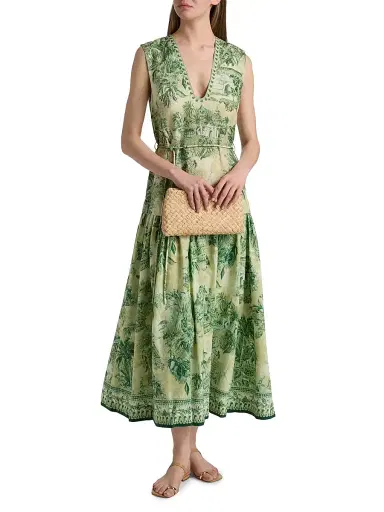 ALÉMAIS Women's Sara Printed Cotton-Silk Midi-Dress - Green | Thumbnail 2 ALÉMAIS Women's Sara Printed Cotton-Silk Midi-Dress - Green | Thumbnail 2