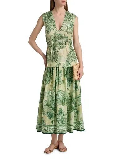 ALÉMAIS Women's Sara Printed Cotton-Silk Midi-Dress - Green | Thumbnail 3 ALÉMAIS Women's Sara Printed Cotton-Silk Midi-Dress - Green | Thumbnail 3