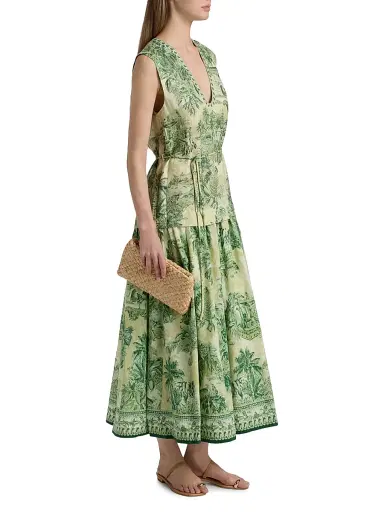 ALÉMAIS Women's Sara Printed Cotton-Silk Midi-Dress - Green | Thumbnail 4 ALÉMAIS Women's Sara Printed Cotton-Silk Midi-Dress - Green | Thumbnail 4