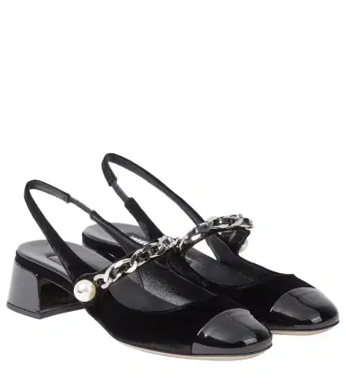 Miu Miu Chain-detail velvet slingback pumps | Thumbnail 1 Miu Miu Chain-detail velvet slingback pumps | Thumbnail 1