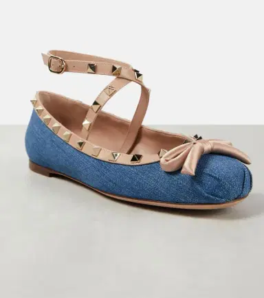 Valentino Garavani Rockstud leather-trimmed denim ballet flats | Thumbnail 2 Valentino Garavani Rockstud leather-trimmed denim ballet flats | Thumbnail 2