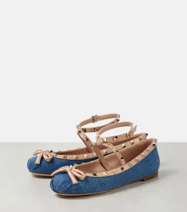 Valentino Garavani Rockstud leather-trimmed denim ballet flats | Thumbnail 3 Valentino Garavani Rockstud leather-trimmed denim ballet flats | Thumbnail 3