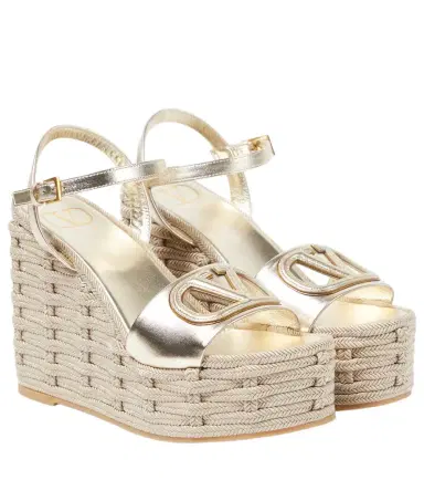 Valentino Garavani VLogo cutout metallic leather espadrille wedges | Thumbnail 1 Valentino Garavani VLogo cutout metallic leather espadrille wedges | Thumbnail 1