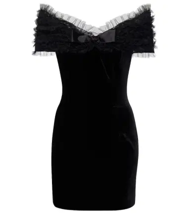 Alessandra Rich Off-shoulder velvet and tulle minidress | Thumbnail 1 Alessandra Rich Off-shoulder velvet and tulle minidress | Thumbnail 1