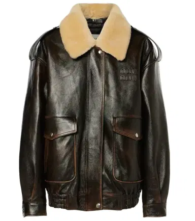 Miu Miu Logo faux shearling-trimmed leather jacket | Thumbnail 1 Miu Miu Logo faux shearling-trimmed leather jacket | Thumbnail 1