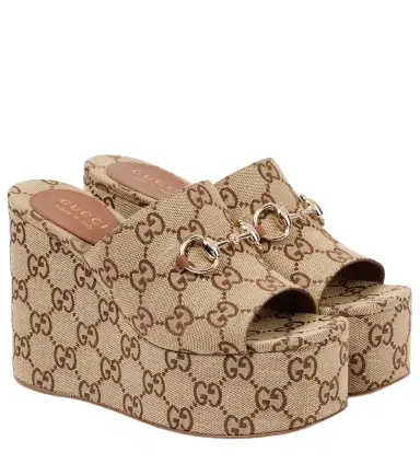 Gucci Horsebit GG Canvas wedge mules | Thumbnail 1 Gucci Horsebit GG Canvas wedge mules | Thumbnail 1