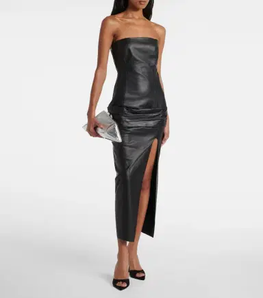 The Attico Draped strapless leather midi dress | Thumbnail 2 The Attico Draped strapless leather midi dress | Thumbnail 2