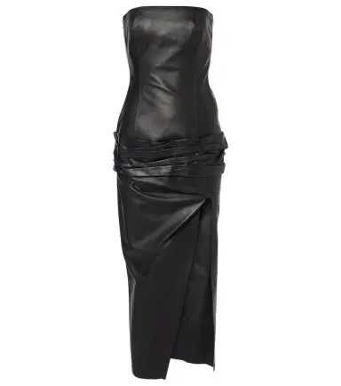 The Attico Draped strapless leather midi dress | Thumbnail 1 The Attico Draped strapless leather midi dress | Thumbnail 1