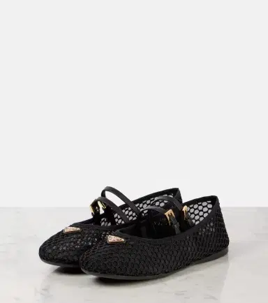 Prada Logo leather-trimmed mesh ballet flats | Thumbnail 4 Prada Logo leather-trimmed mesh ballet flats | Thumbnail 4