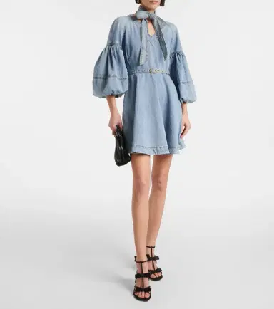 Zimmermann Tie-neck puff-sleeve denim minidress | Thumbnail 3 Zimmermann Tie-neck puff-sleeve denim minidress | Thumbnail 3