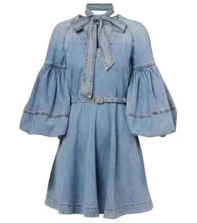 Zimmermann Tie-neck puff-sleeve denim minidress | Thumbnail 1 Zimmermann Tie-neck puff-sleeve denim minidress | Thumbnail 1
