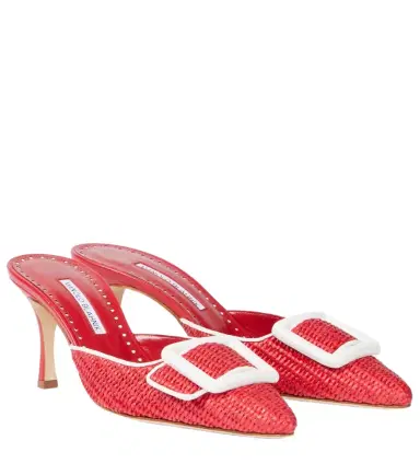 Manolo Blahnik Maysale 70 leather-trimmed raffia mules | Thumbnail 1 Manolo Blahnik Maysale 70 leather-trimmed raffia mules | Thumbnail 1