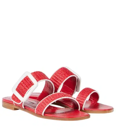 Manolo Blahnik Tituba leather-trimmed raffia sandals | Thumbnail 1 Manolo Blahnik Tituba leather-trimmed raffia sandals | Thumbnail 1
