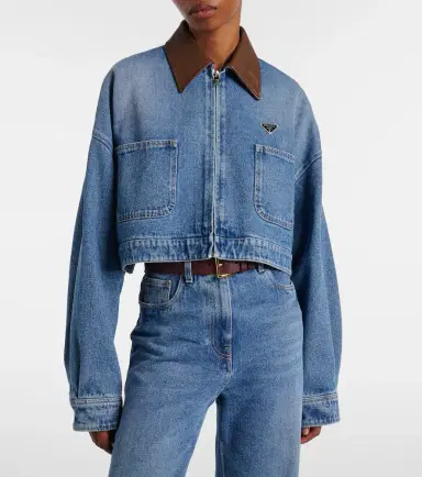 Prada Leather-trimmed cropped denim jacket | Thumbnail 5 Prada Leather-trimmed cropped denim jacket | Thumbnail 5