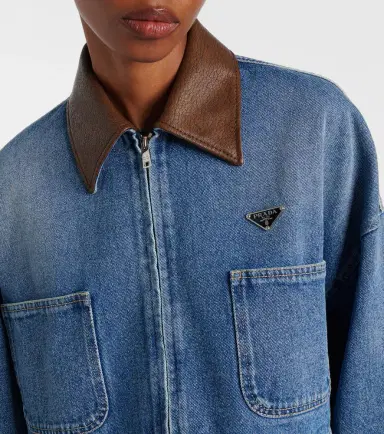 Prada Leather-trimmed cropped denim jacket | Thumbnail 6 Prada Leather-trimmed cropped denim jacket | Thumbnail 6