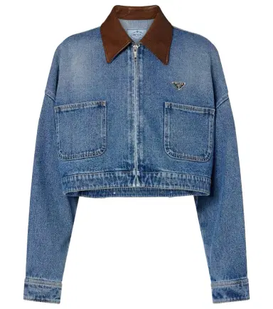 Prada Leather-trimmed cropped denim jacket | Thumbnail 1 Prada Leather-trimmed cropped denim jacket | Thumbnail 1