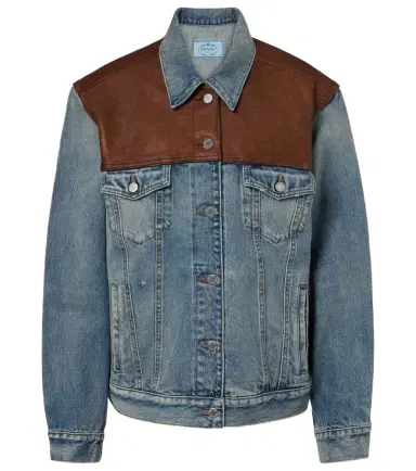 Prada Leather-trimmed denim jacket | Thumbnail 1 Prada Leather-trimmed denim jacket | Thumbnail 1