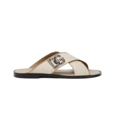 Dolce & Gabbana DG leather-trimmed canvas slides | Thumbnail 1 Dolce & Gabbana DG leather-trimmed canvas slides | Thumbnail 1