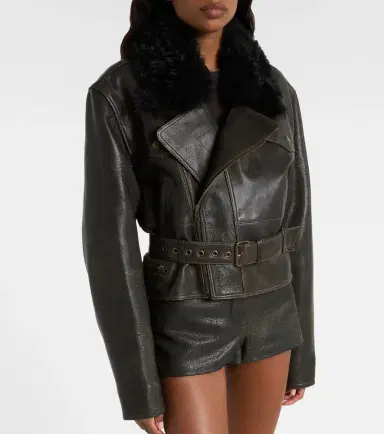 Alex Perry Shearling-trimmed cropped leather biker jacket | Thumbnail 2 Alex Perry Shearling-trimmed cropped leather biker jacket | Thumbnail 2