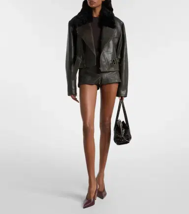 Alex Perry Shearling-trimmed cropped leather biker jacket | Thumbnail 6 Alex Perry Shearling-trimmed cropped leather biker jacket | Thumbnail 6