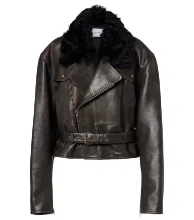 Alex Perry Shearling-trimmed cropped leather biker jacket | Thumbnail 1 Alex Perry Shearling-trimmed cropped leather biker jacket | Thumbnail 1