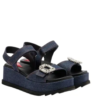 Roger Vivier Embellished denim wedge sandals | Thumbnail 1 Roger Vivier Embellished denim wedge sandals | Thumbnail 1