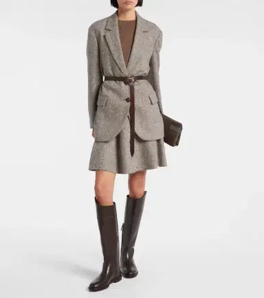 Brunello Cucinelli Belted herringbone wool-blend blazer | Thumbnail 2 Brunello Cucinelli Belted herringbone wool-blend blazer | Thumbnail 2