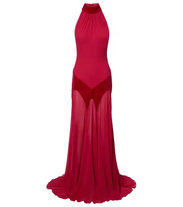 Velvet-trimmed silk georgette gown Velvet-trimmed silk georgette gown