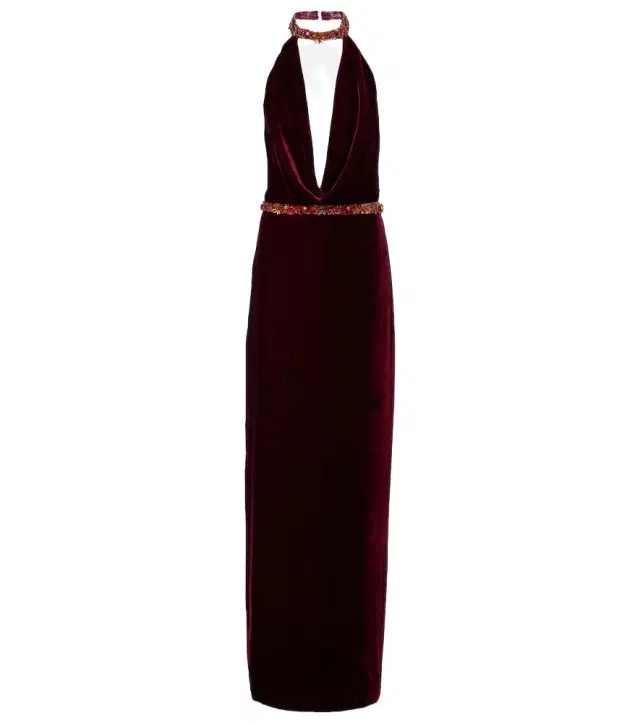 Draped embellished halterneck velvet gown Draped embellished halterneck velvet gown