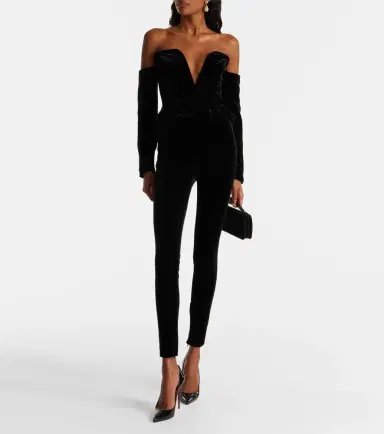 Alessandra Rich Bow-detail ruffled off-shoulder velvet jumpsuit | Thumbnail 5 Alessandra Rich Bow-detail ruffled off-shoulder velvet jumpsuit | Thumbnail 5
