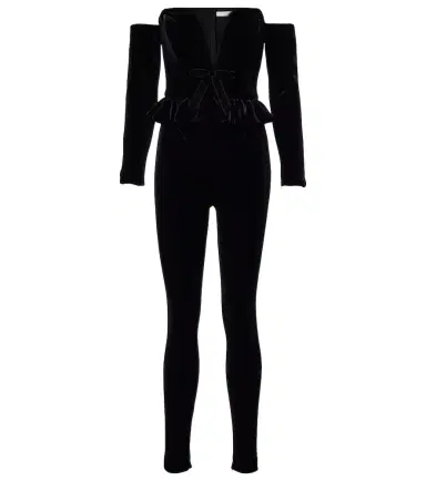 Alessandra Rich Bow-detail ruffled off-shoulder velvet jumpsuit | Thumbnail 1 Alessandra Rich Bow-detail ruffled off-shoulder velvet jumpsuit | Thumbnail 1